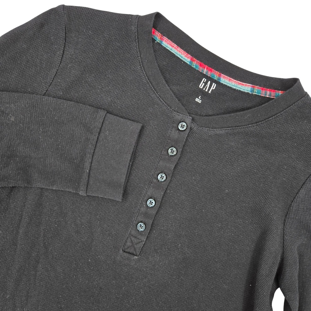 Gap Large Henley Top Womens Black Waffle Knit‎ Thermal Casual Basic